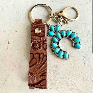 Turquoise Horseshoe with Leather Embossed Keychain
